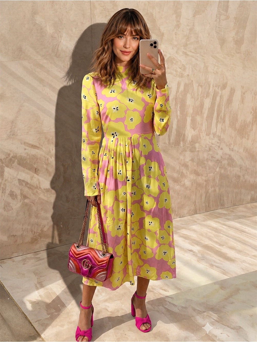 Never Fully Dressed Floral Prink & Yellow Fruit Motif Long Sleeve Midi Dress